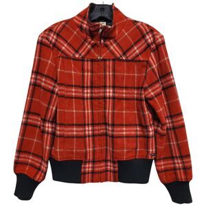 Vintage PRANA Jacket Womens Medium Red Tartan Plaid Wool Blend Full Zip Bomber